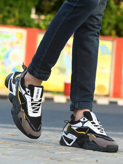 Men's Chunky Streetwear Sneakers - Black Flexible Leather