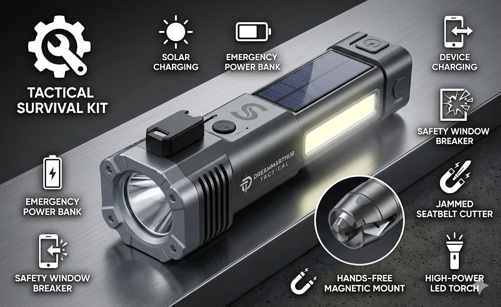8-in-1 Tactical LED Flashlight & Tool Kit | Rechargeable Torch, Work Light, Car Escape Tool, Emergency Hammer, and Window Breaker