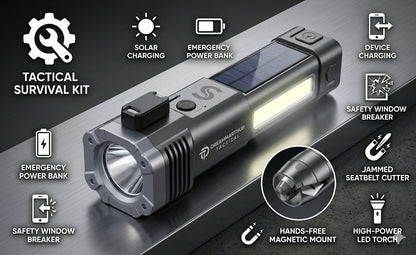8-in-1 Tactical LED Flashlight & Tool Kit | Rechargeable Torch, Work Light, Car Escape Tool, Emergency Hammer, and Window Breaker