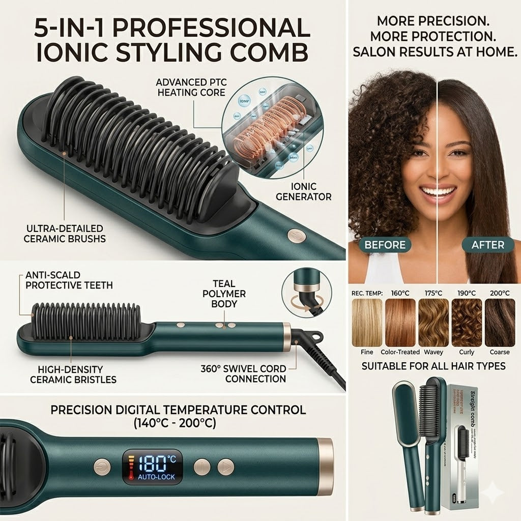 5-in-1 Professional Hair Straightener brush for Women & Men, Hair Styler, Straightener Machine Brush/PTC Heating Electric Straightener with 5 Temperature Control (Multi colour)