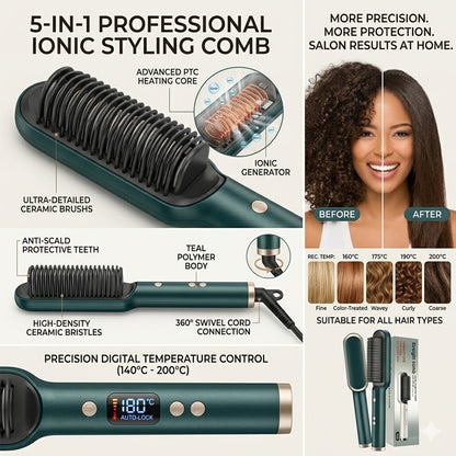 5-in-1 Professional Hair Straightener brush for Women & Men, Hair Styler, Straightener Machine Brush/PTC Heating Electric Straightener with 5 Temperature Control (Multi colour)