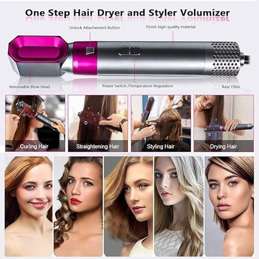 5-in-1 Multi-Functional Hair Styling Tool | Detachable Hot Air Brush & Dryer Combo | 50% Less Hair Breakage, 3 Settings | All in One Multi Styler BN24
