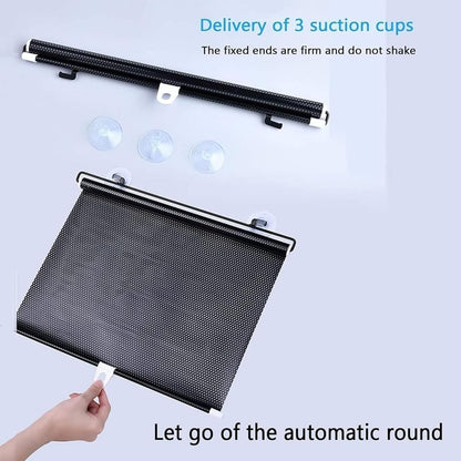 Car Front/Rear Glass Windshield Folding Roller Sunshade Self Retractable Design, Locks Sun Heat and UV Rays Protection Black Film Suitable for - All Car