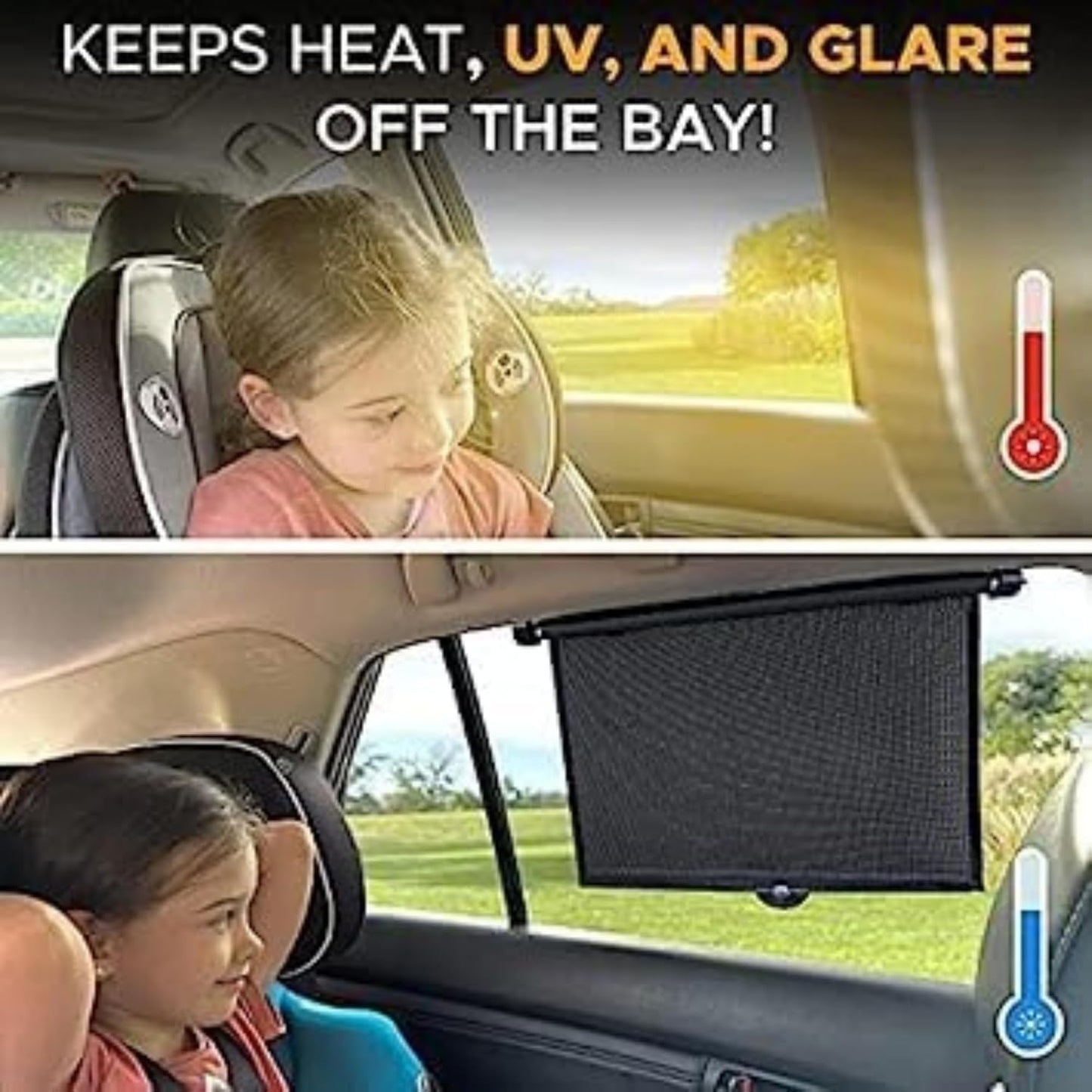 Car Front/Rear Glass Windshield Folding Roller Sunshade Self Retractable Design, Locks Sun Heat and UV Rays Protection Black Film Suitable for - All Car