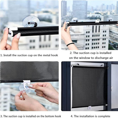 Car Front/Rear Glass Windshield Folding Roller Sunshade Self Retractable Design, Locks Sun Heat and UV Rays Protection Black Film Suitable for - All Car