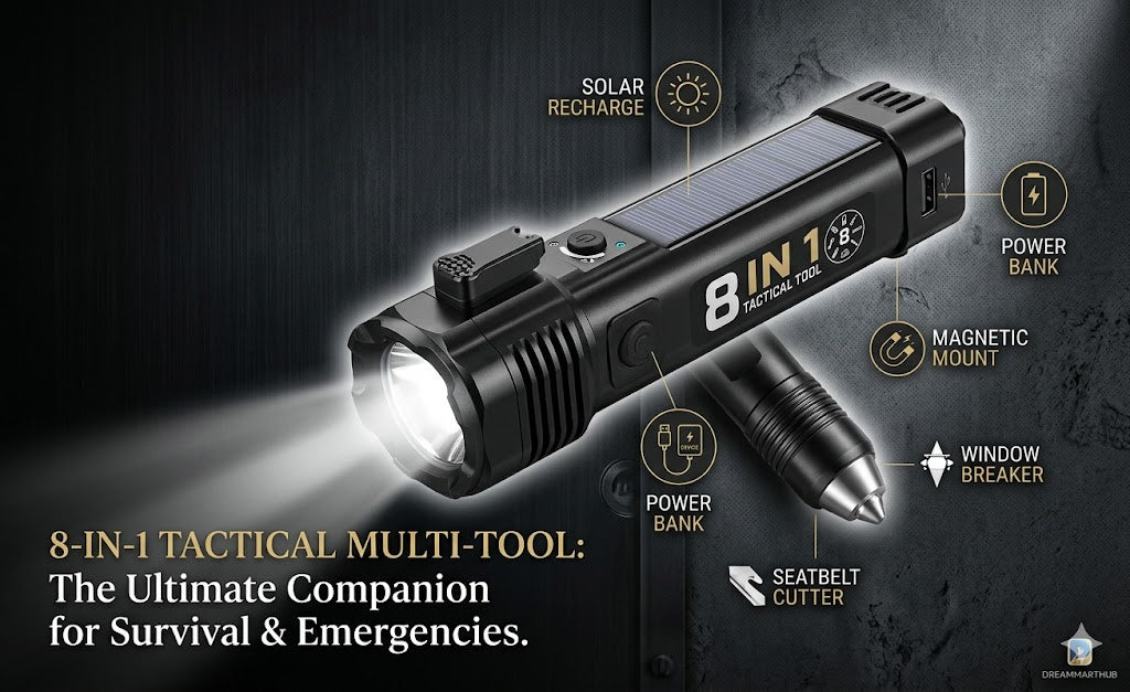 8-in-1 Tactical LED Flashlight & Tool Kit | Rechargeable Torch, Work Light, Car Escape Tool, Emergency Hammer, and Window Breaker