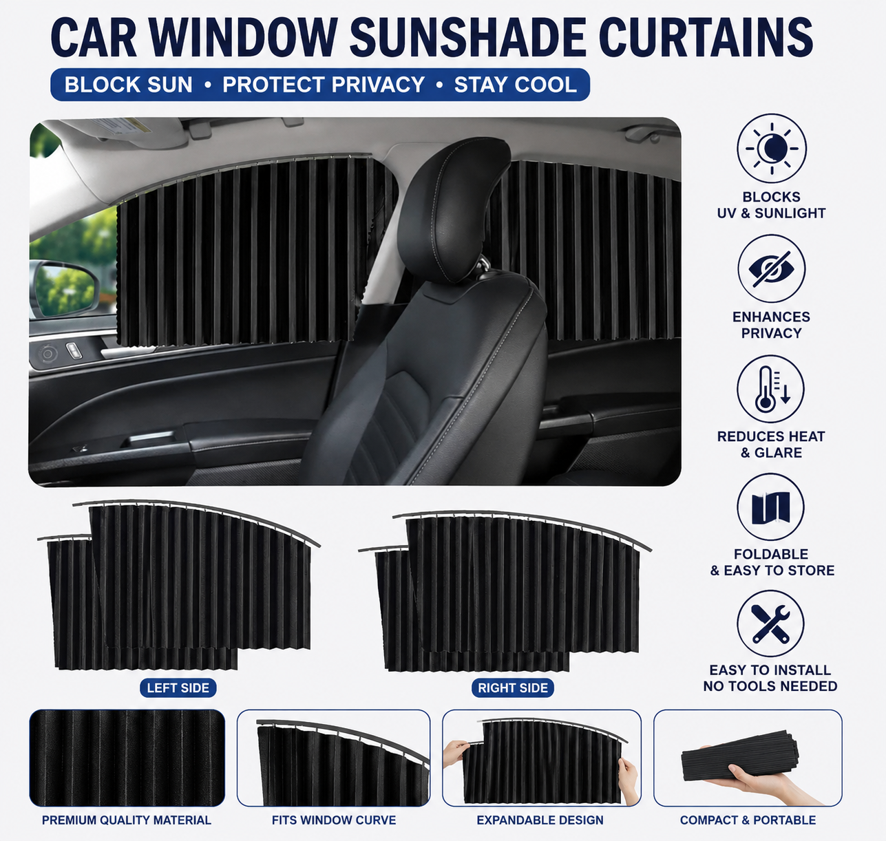Magnetic Foldable Car Window Privacy Curtains – Universal Sunshade & UV Protection (4-Pack)