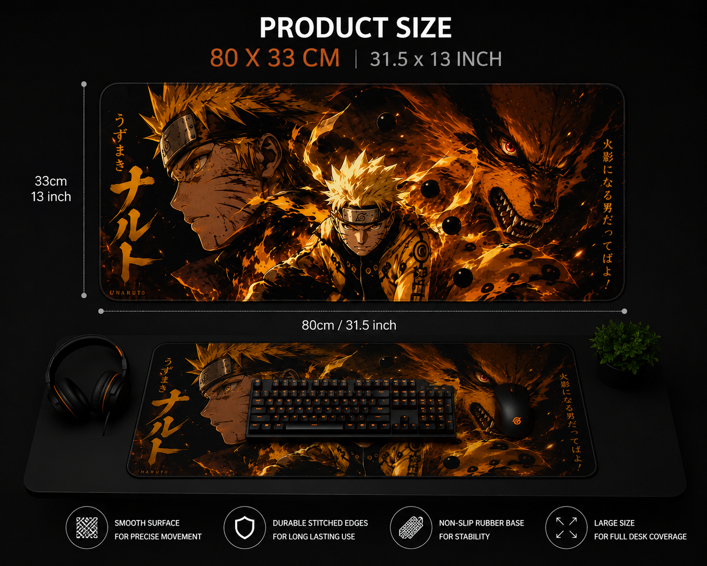 Naruto Premium Anti-Slip Gaming Desk Mat – 3mm Thick, Stitched Edges