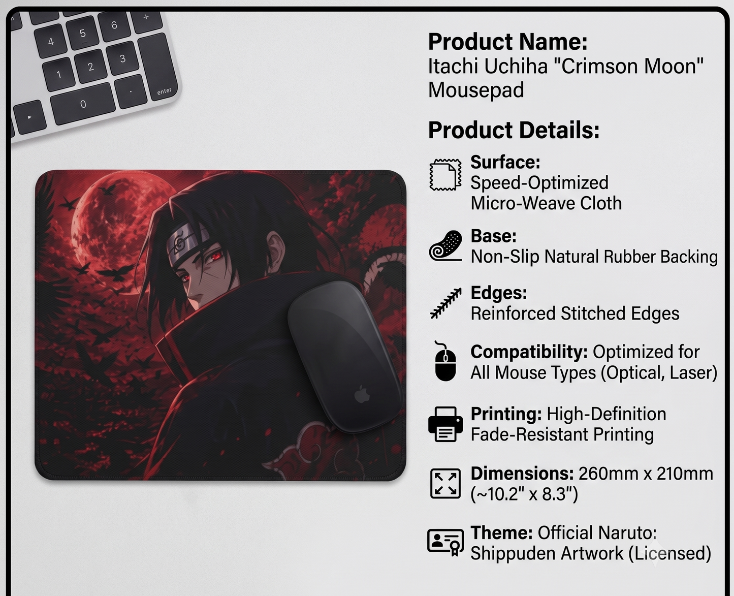 Itachi Uchiha Premium Square Gaming Mouse Pad – 3mm Non-Slip Rubber Base