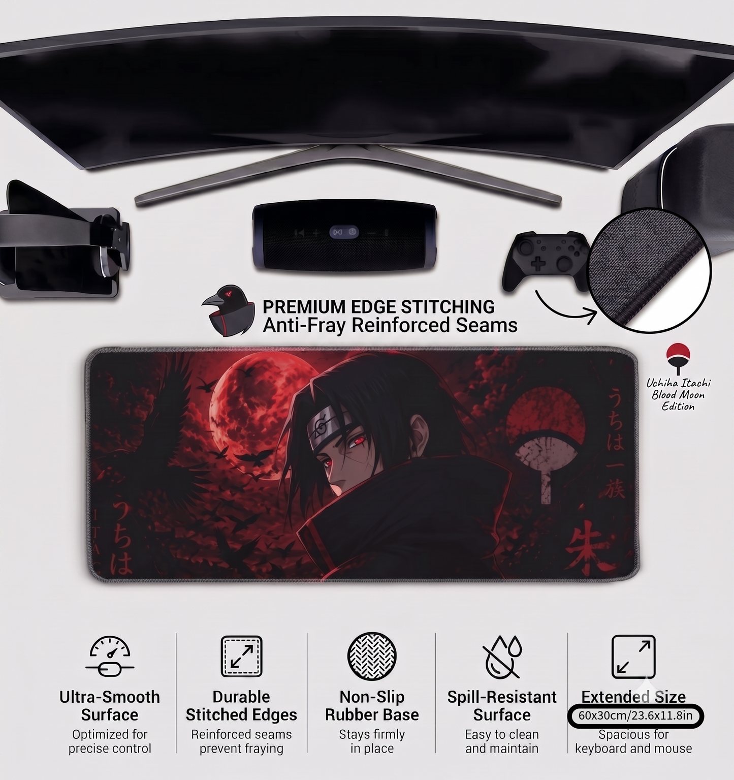 Itachi Uchiha Premium Anti-Slip Gaming Desk Mat – 3mm Thick, Stitched Edges