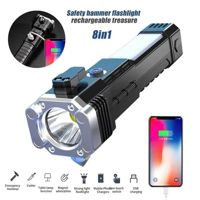 8-in-1 Tactical LED Flashlight & Tool Kit | Rechargeable Torch, Work Light, Car Escape Tool, Emergency Hammer, and Window Breaker