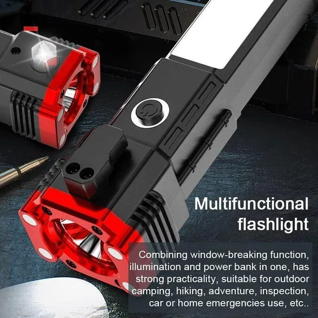 8-in-1 Tactical LED Flashlight & Tool Kit | Rechargeable Torch, Work Light, Car Escape Tool, Emergency Hammer, and Window Breaker