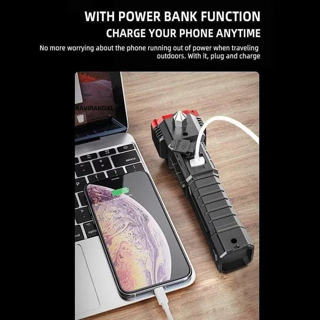 8-in-1 Tactical LED Flashlight & Tool Kit | Rechargeable Torch, Work Light, Car Escape Tool, Emergency Hammer, and Window Breaker