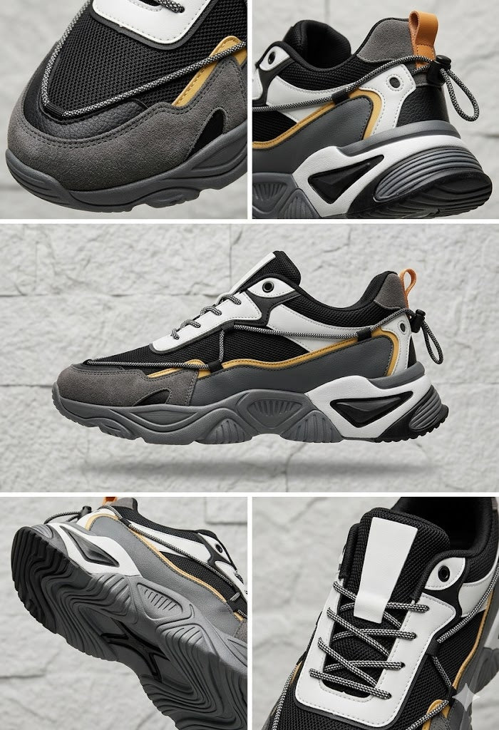 Men's Chunky Streetwear Sneakers - Black Flexible Leather