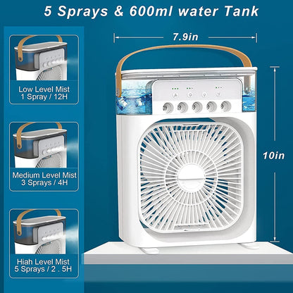 Portable Mini Air Cooler – 3-in-1 Evaporative Humidifier & Fan with 7-Color LED Night Light, 3 Spray Modes & Timer for Home, Office, and Travel