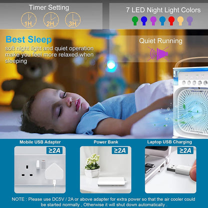 Portable Mini Air Cooler – 3-in-1 Evaporative Humidifier & Fan with 7-Color LED Night Light, 3 Spray Modes & Timer for Home, Office, and Travel