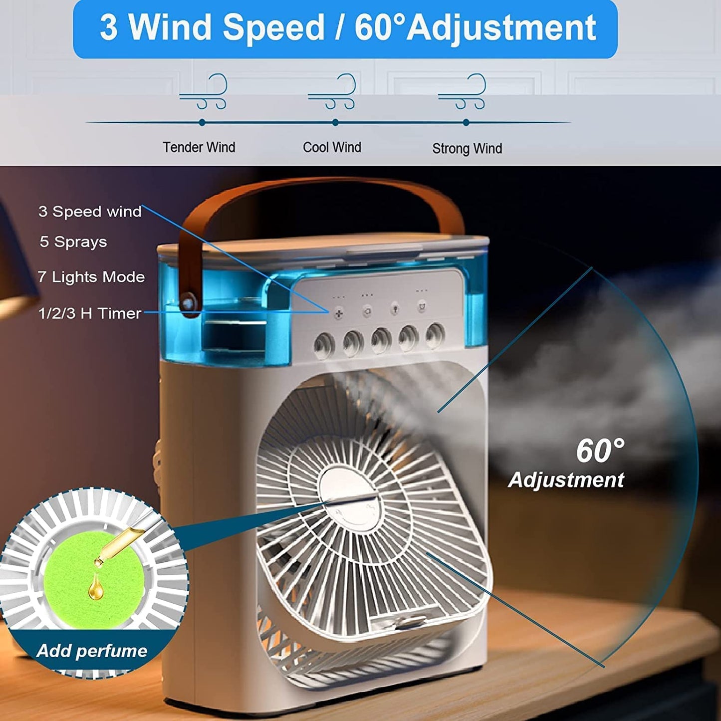 Portable Mini Air Cooler – 3-in-1 Evaporative Humidifier & Fan with 7-Color LED Night Light, 3 Spray Modes & Timer for Home, Office, and Travel