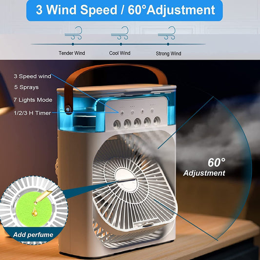 Portable Mini Air Cooler – 3-in-1 Evaporative Humidifier & Fan with 7-Color LED Night Light, 3 Spray Modes & Timer for Home, Office, and Travel