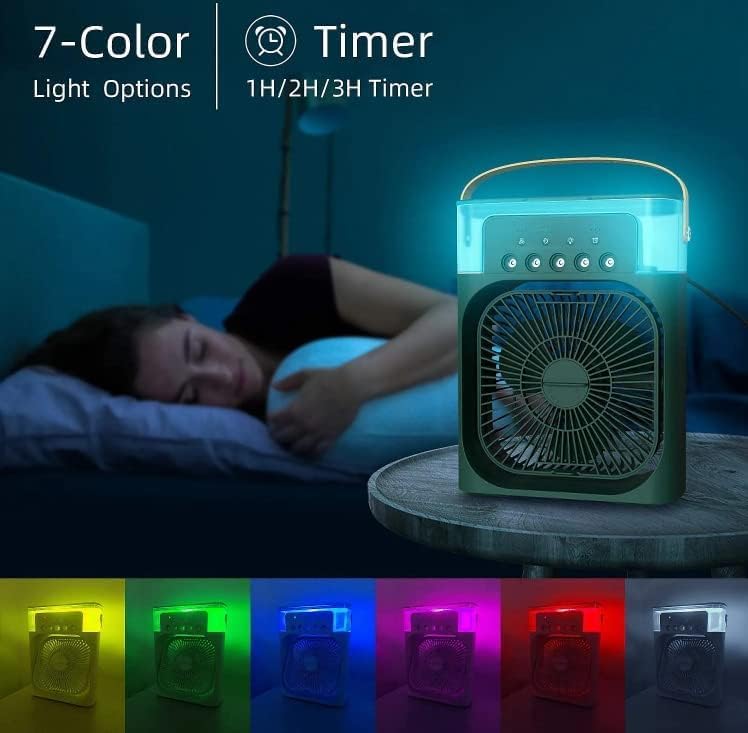 Portable Mini Air Cooler – 3-in-1 Evaporative Humidifier & Fan with 7-Color LED Night Light, 3 Spray Modes & Timer for Home, Office, and Travel