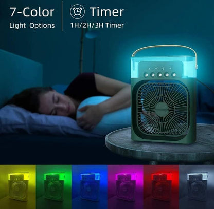 Portable Mini Air Cooler – 3-in-1 Evaporative Humidifier & Fan with 7-Color LED Night Light, 3 Spray Modes & Timer for Home, Office, and Travel